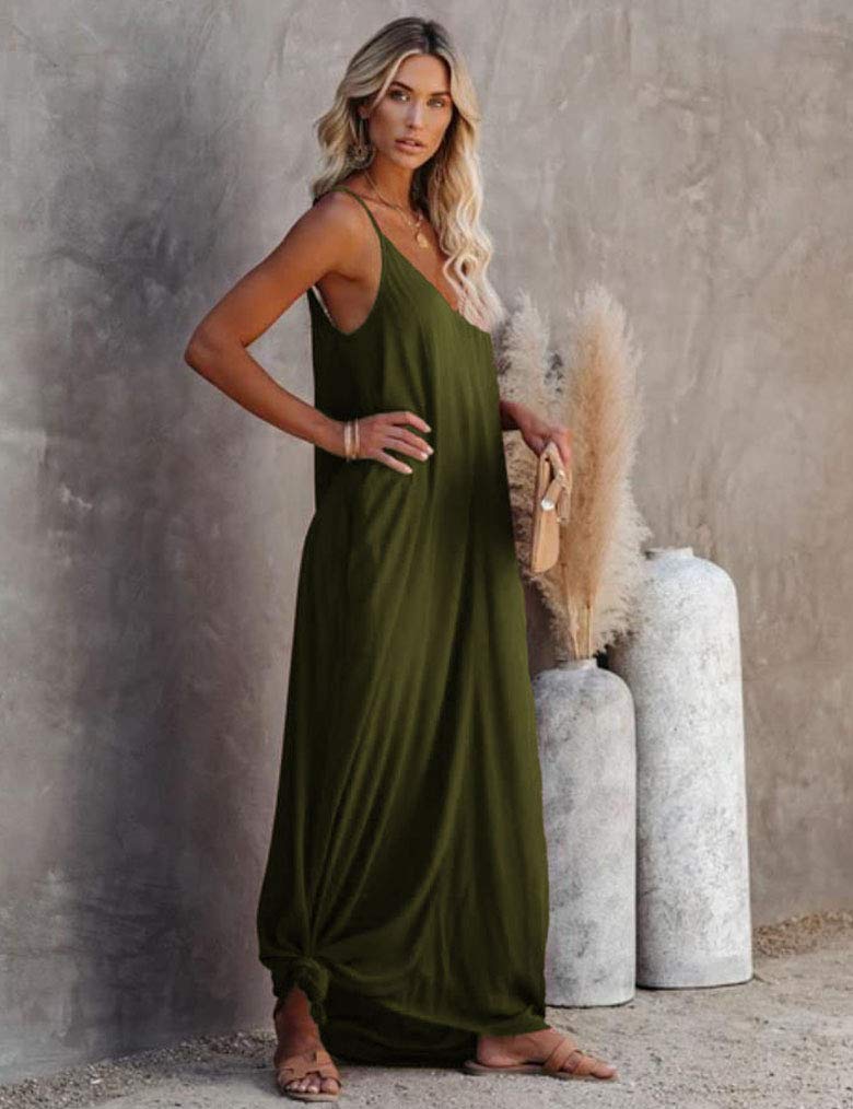 Poetsky Womens Loose Casual Strappy Sleeveless Long Maxi Summer Dress Pocekts (L, Army Green) - Image 4